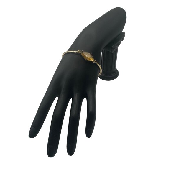 Gold Plated Bangle Bracelet With Geometric Amber Resin Centerpiece & Clasp - Picture 2 of 4